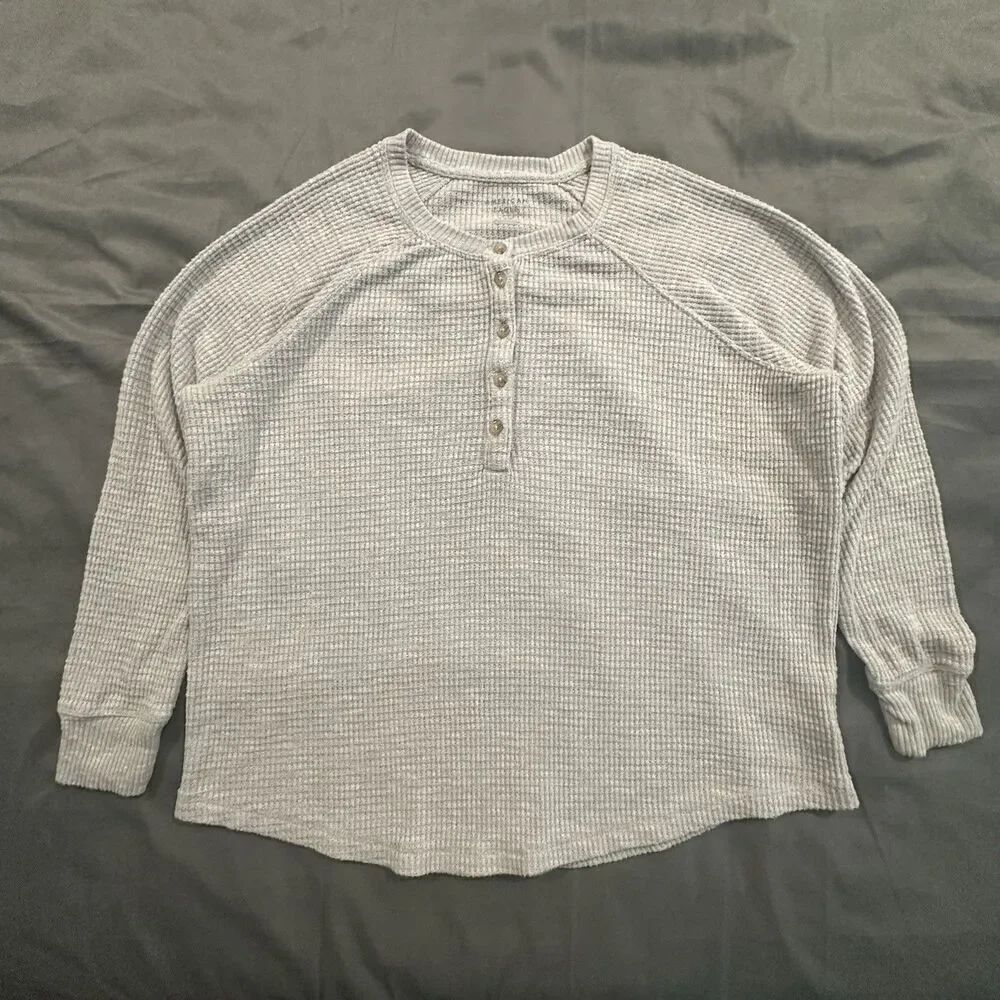 American Eagle Henley Shirt Womens Medium Waffle Knit Long Sleeve Gray